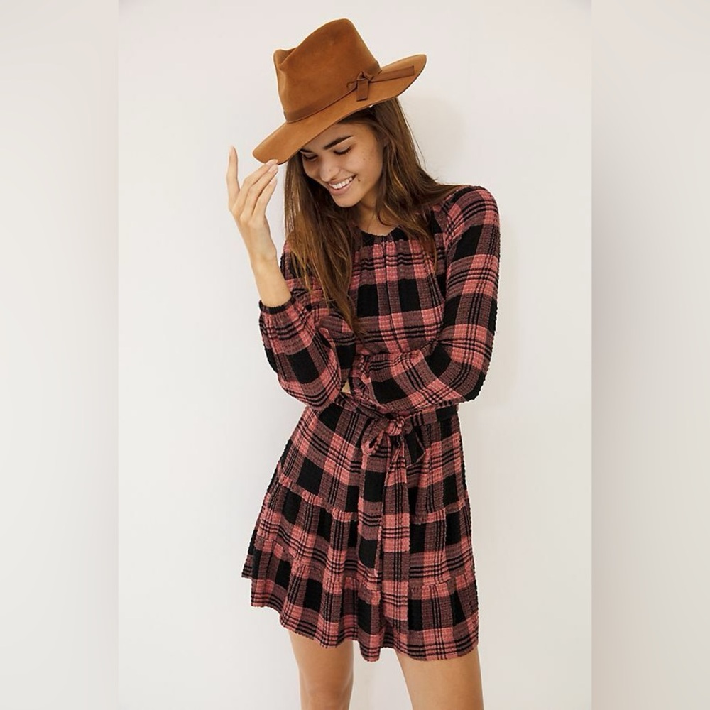 Anthropologie Cloth & Stone Daia pink black plaid mini dress XS